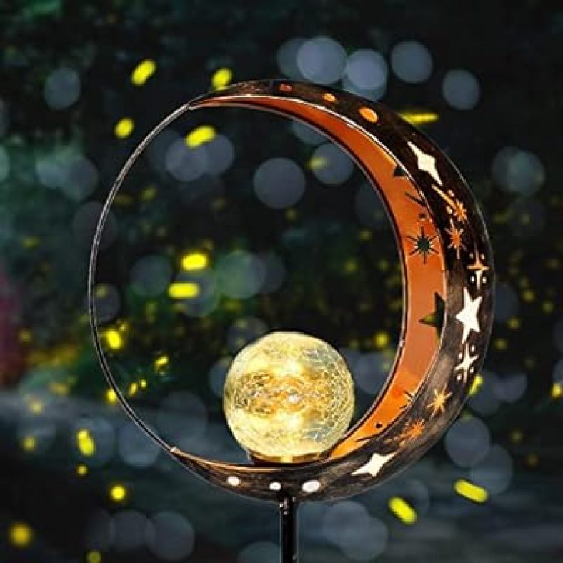 Garden Solar Light Outdoor Decorative, Moon Decor, Crackle Glass Ball Metal Garden Stake Light for Pathway