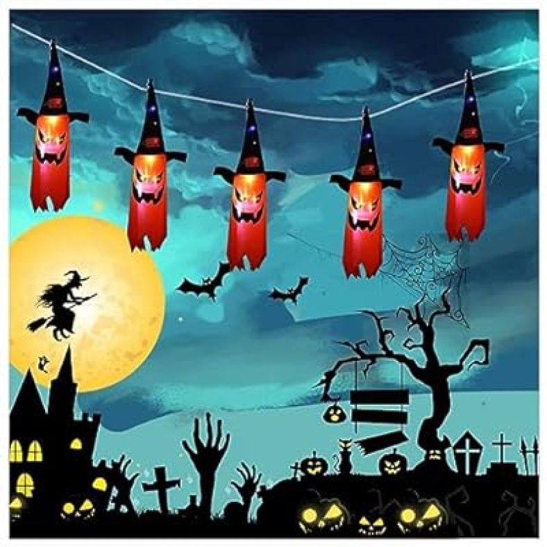 Halloween Decorations Outdoor Lights Hanging Ghost Decor with Witch Hats,5 pack