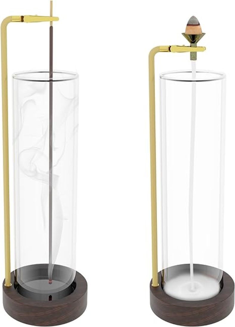 Incense Holder & Burner in One Set, Anti-Ash Glass Ebony Wood Base Ash-Catcher Design Mess-Free