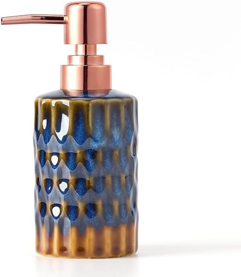 Blue Soap Dispenser,Ceramic Hand Soap Dispenser with Rose Gold Pump,8oz Liquid Soap Dispenser
