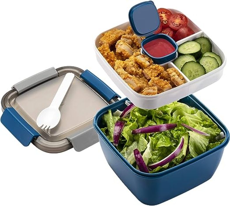Freshmage Salad Lunch Container To Go, 52-oz Salad Bowls with 3 Compartments