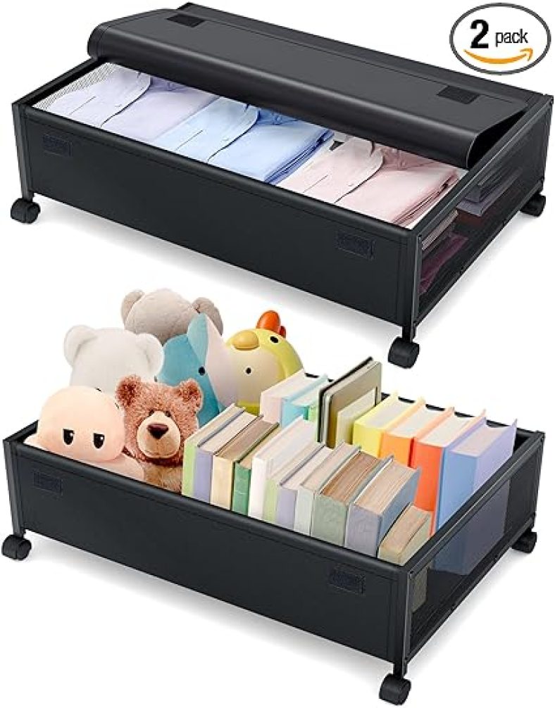 2pk Under Bed Storage with Wheels, Under Bed Storage Containers, Upgraded Metal Under Bed Storage