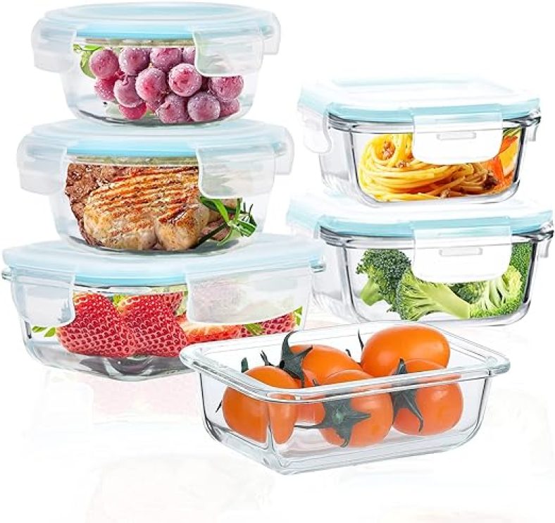 Glass Food Storage Containers with Lids Airtight 6 Pack, Glass Storage Containers with Lids for Food