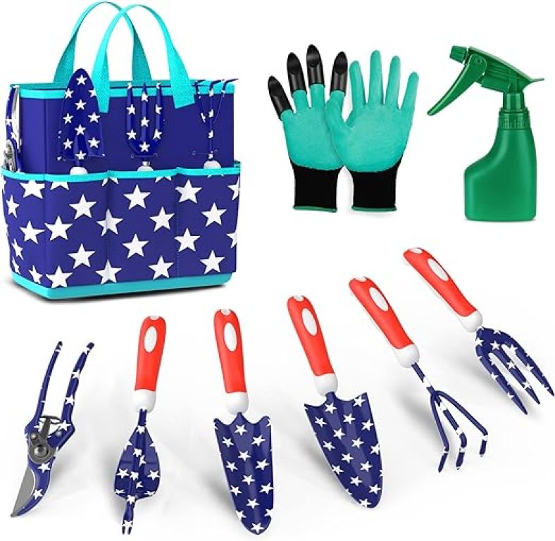 Garden Tool Set, National Flag Style Stainless Steel Heavy Duty Gardening Tool Set, w/ Rubber Gloves
