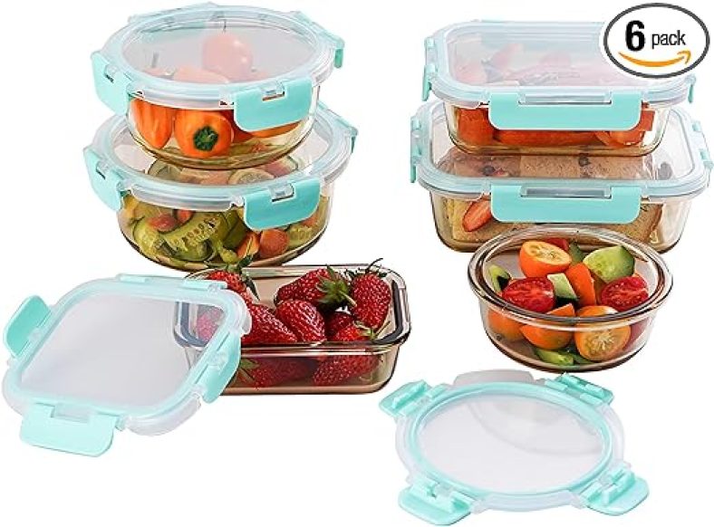 Glass Food Container Set-6 Pack, Glass Amber Color Meal Prep Containers, Food Prep Containers