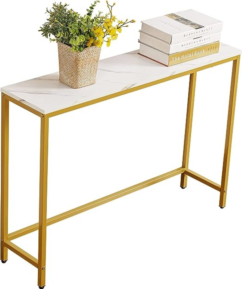 Console Table for Entryway, Faux Marble MDF Sofa Table with Golden Frame for Living Room Office