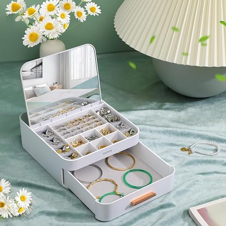 Jewelry Box Organizer for Women Girls, 2-Layer Jewelry Organizer with Mirror, Jewelry Storage Box