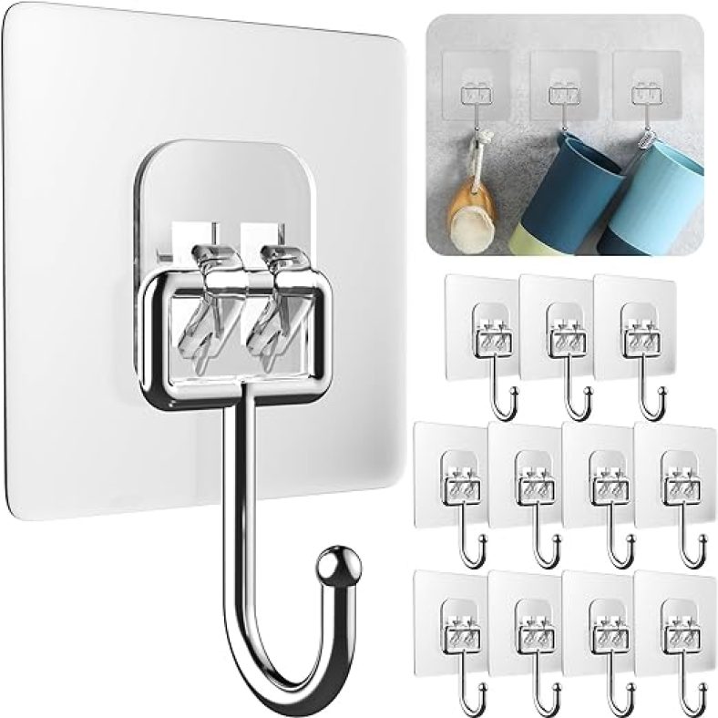 Wall Hooks for Hanging Heavy Duty, Self Adhesive Hooks for Kitchen, 12 Packs Wall Hangers Sticky Hooks