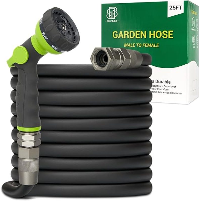 Flexible Garden Hose 25FT  Heavy Duty Hybrid Water Hose with 8-Pattern Nozzle from