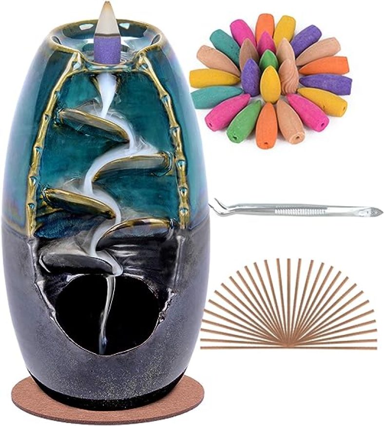 Ceramic Backflow Incense Holder and Burner Waterfall, with 120 Backflow Incense Cones