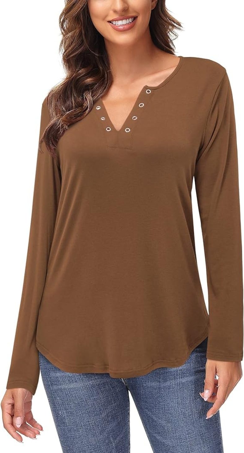 Womens Long Sleeve Lace Fall Tops Solid V Neck Button Henley Shirt Casual Tunic Blouse
