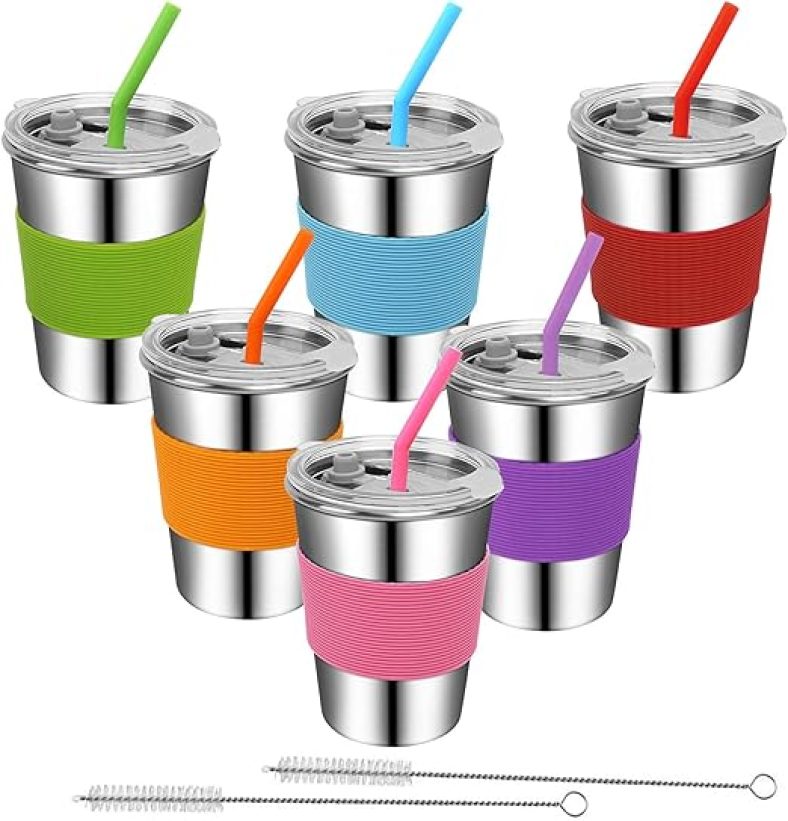 kids cups with straws and lids, Reusable Stainless Steel Sippy Cup Spill Proof Drinking Glasses