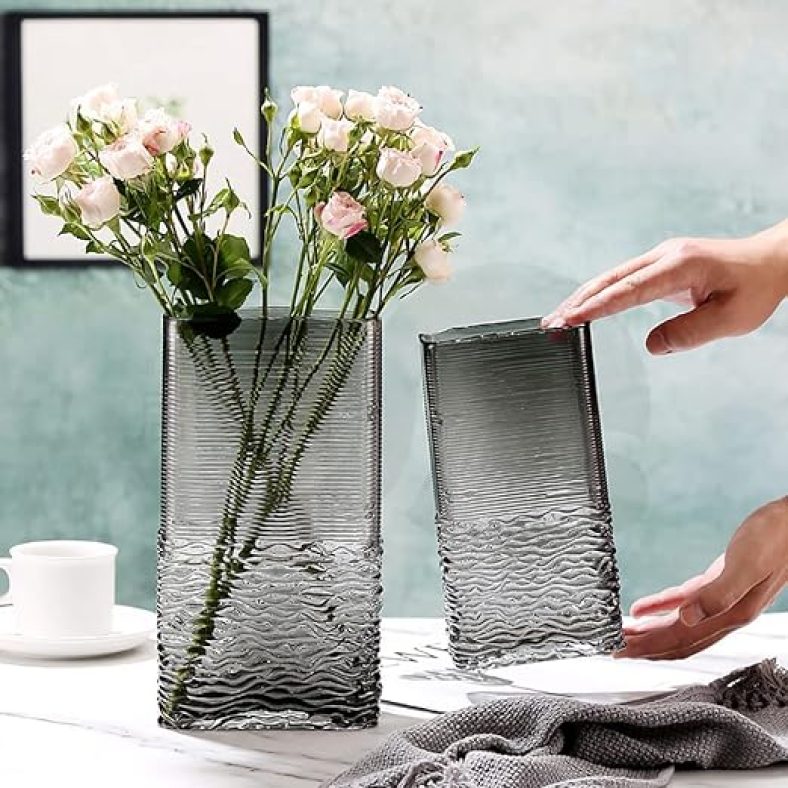 Glass Flower Vase with Irregular Mouth Ripple Texture Thickened Large Clear Vases