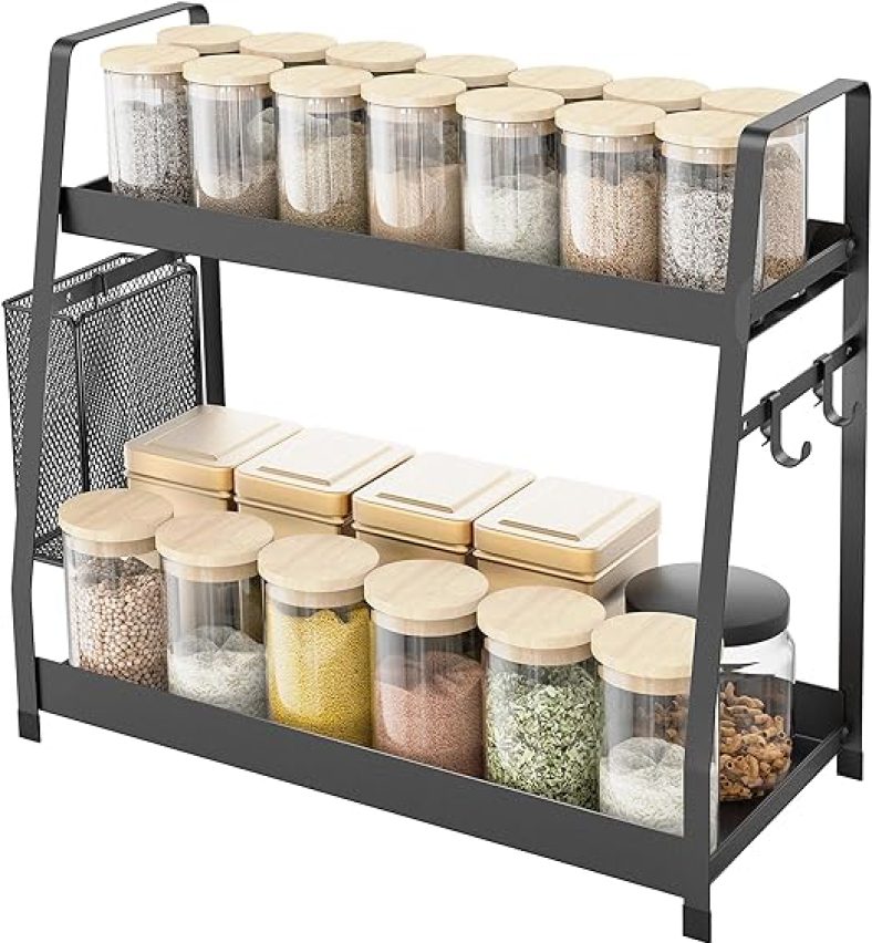 2 Tier Spice Rack for Countertop, Height Adjustable Metal Standing Kitchen Storage Organizer Shelf