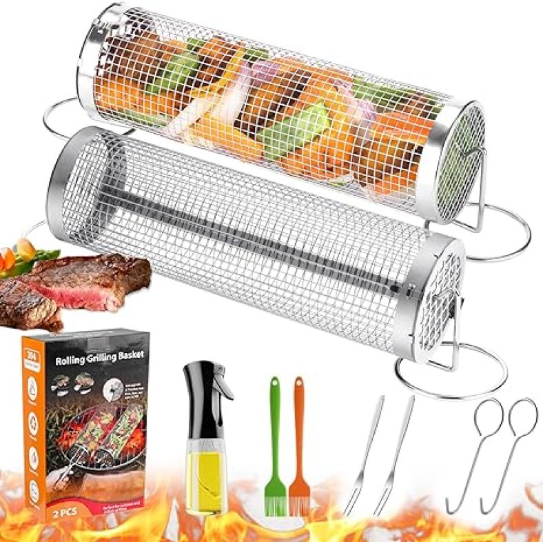 Rolling Grill Baskets for Outdoor Grilling : 2 Pcs Stainless Steel Grill Mesh