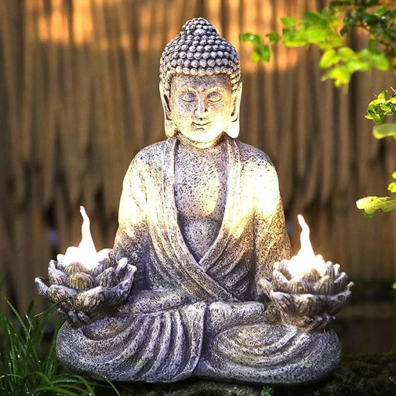 Buddha Statue Zen Sculpture 11.4in Large Size,Yoga Garden Decor with LED Solar Lotus Lights, Sitting Meditating