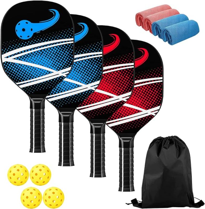 Pickleball Paddles, Pickleball Set of 4 Premium Wood Pickleball Paddles, 4-40 Holes Pickleball Balls