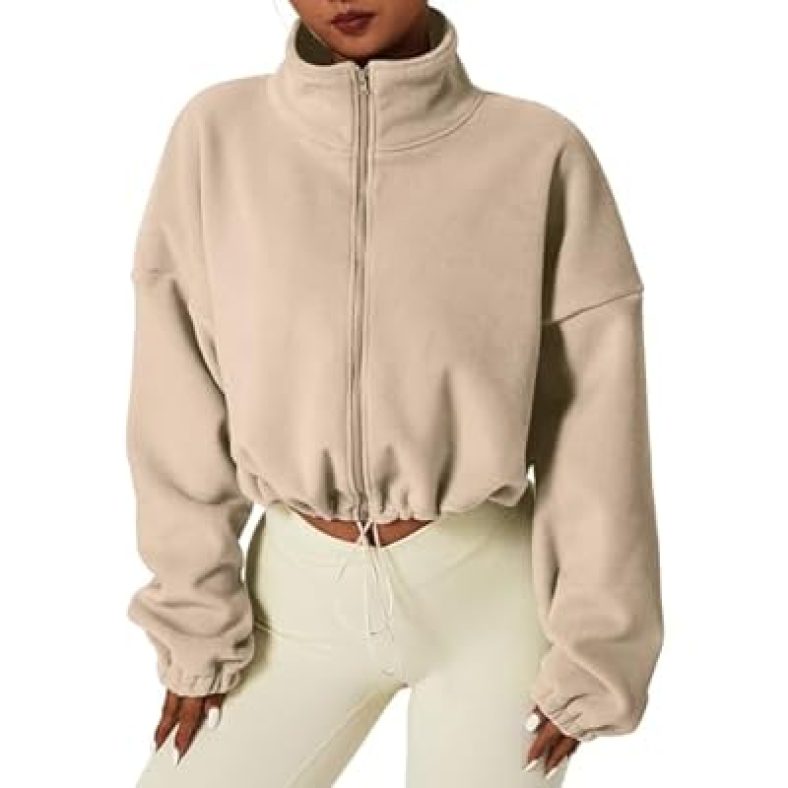 Womens Full Zip Fleece Short Jacket Warm Winter Long Sleeve