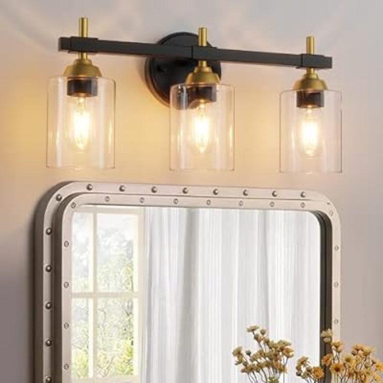 3-Light Bathroom Light Fixtures, Black and Gold Bathroom Vanity Light