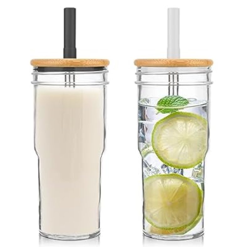 24 oz Glass Tumbler Cup with Bamboo Lid and Straw  2 Pack