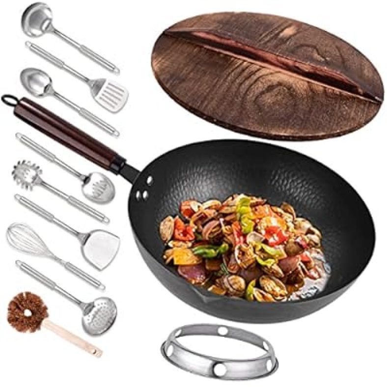 12.8? Carbon Steel Wok  11Pcs Woks & Stir Fry Pans with Wooden Handle and Lid