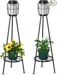 Metal Solar Floor Lamps Outdoor with Plant Stand, 2 Pack Waterproof Solar Lantern Lights