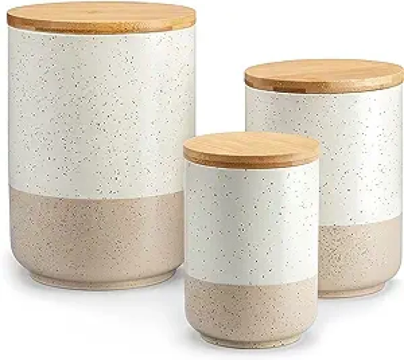 3Pk Sabine Canister Sets for Kitchen, Ceramic Kitchen Canisters for Countertop with Airtight Wood Lids