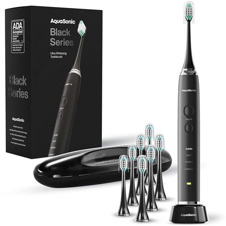 Aquasonic Black Series Ultra Whitening Toothbrush  ADA Accepted Power Toothbrush  8 Brush Heads