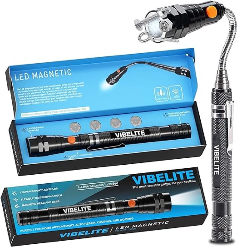 VIBELITE Fathers Day Gifts Extendable Magnetic Flashlight w/ Telescoping Magnet Pickup Tool