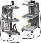 Set of 2 Nightstands, Small Rolling End Tables with Charging Station, 2 USB Ports & 2 Outlets