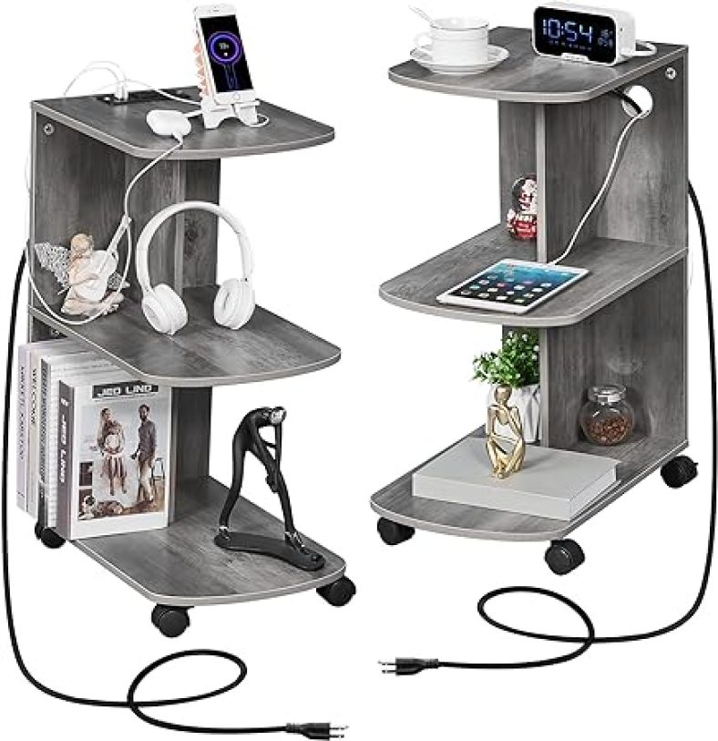 Set of 2 Nightstands, Small Rolling End Tables with Charging Station, 2 USB Ports & 2 Outlets