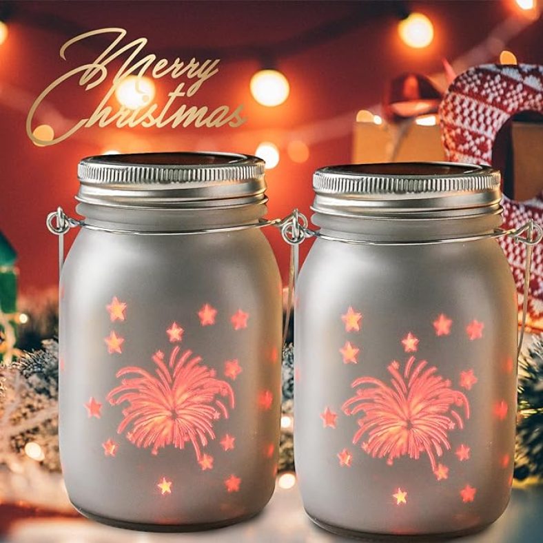 Christmas Light Decorations, 2 Pack Christmas Solar Lanterns Waterproof Glass Mason Jar LED