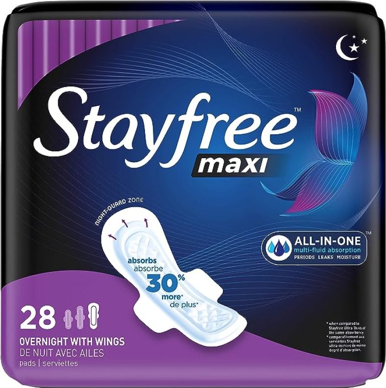 28Ct Stayfree Maxi Overnight Pads with Wings For Women, Reliable Protection