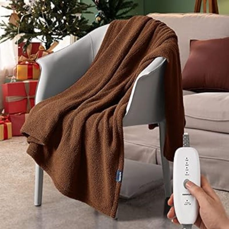 Heated Throw Electric Blanket, Faux Fur Heated Blanket Fast Heating with 4 Heating Levels