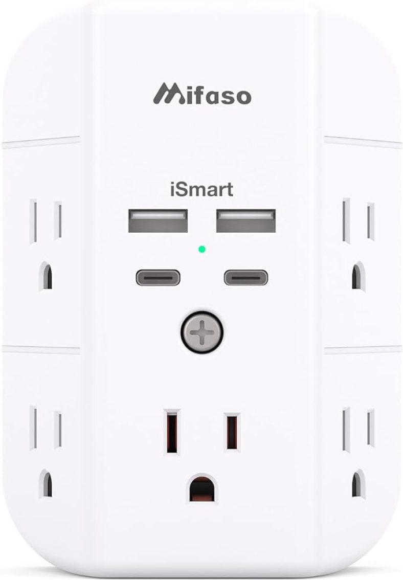 Outlet Extender, Surge Protector Outlet with 4 USB Ports(2 USB C), 3-Sided 1800J