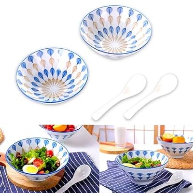 Ceramic Japanese Ramen Bowl, Set of 2, 23.7oz Porcelain Bowls with Spoons  for Ramen