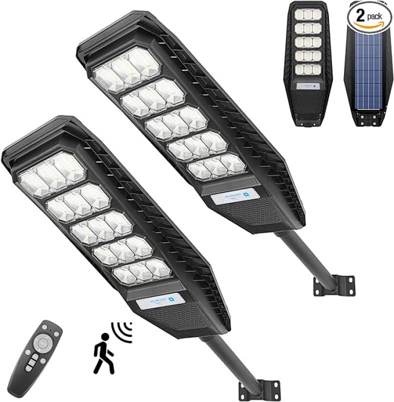 300W Solar Street Light, 2 Light Set Motion Sensor Dusk to Dawn 15000LM Solar Lights Outdoor