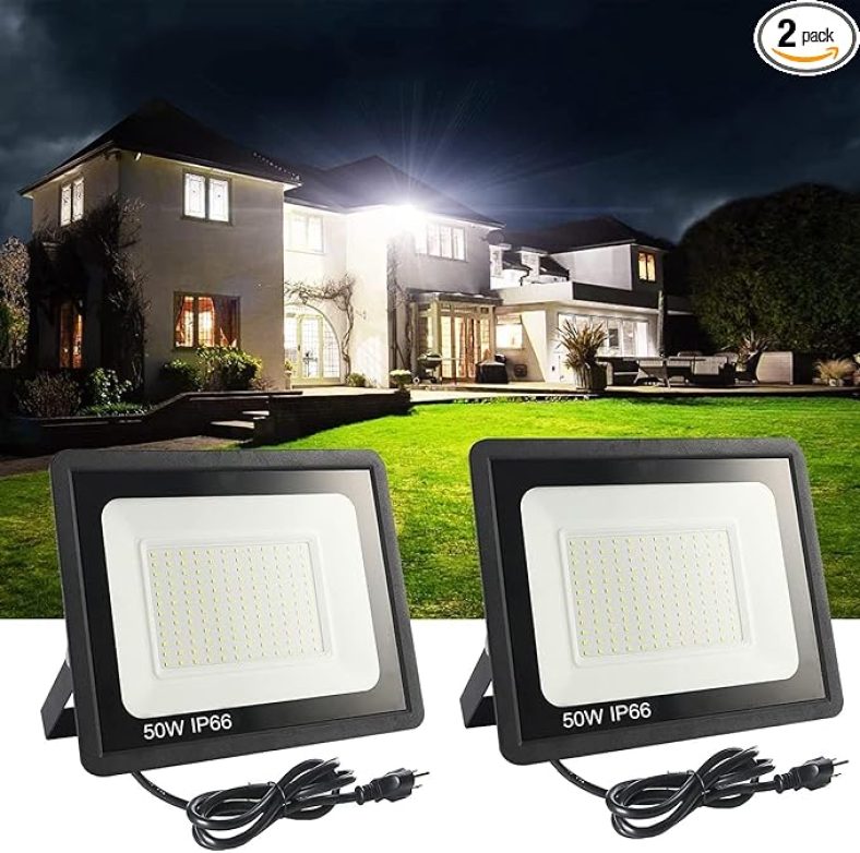 2Pack LED Flood Light Outdoor,50W LED Work Light 5500lmwith 6FT US Plug,IP66 Waterproof