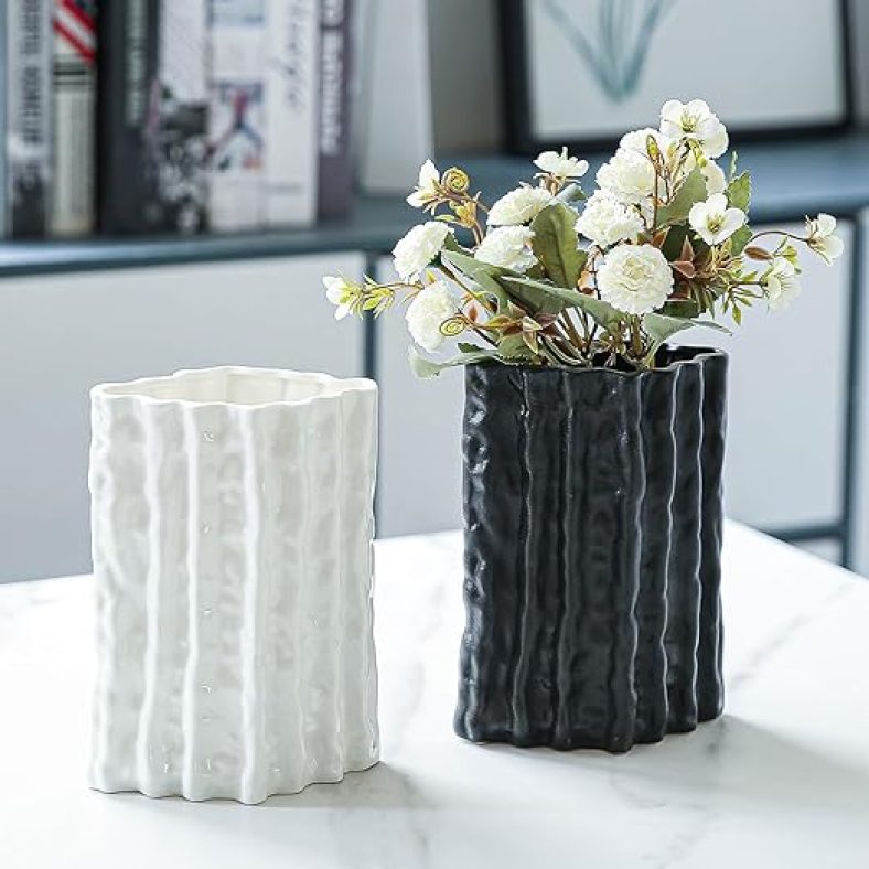 Large Black and White Ceramic Vases for Decor  Ribbed Rhombus Vase Set