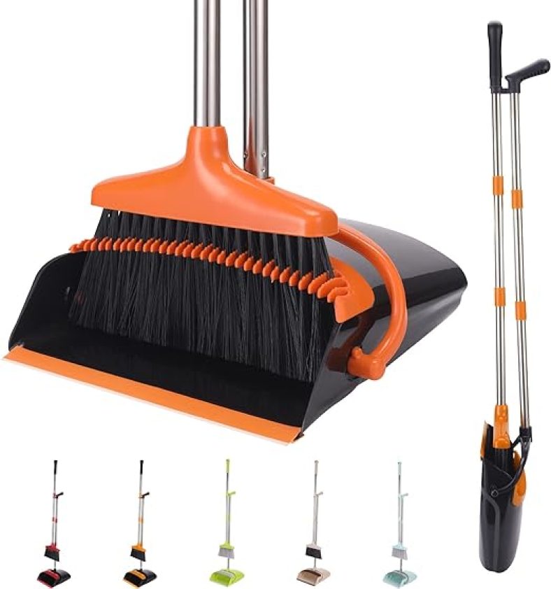 Broom and Dustpan Set with Long Handle, Light Weight Stainless Steel Poles Stand