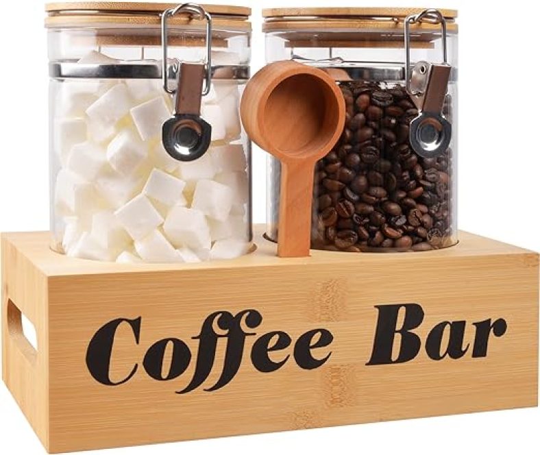 2Pcs Glass Coffee Canister with Shelf Printed Coffee Bar, 45oz Glass Coffee Bean Storage Jars