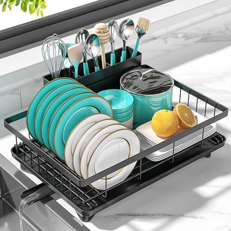 Dish Drying Rack with Sloped Drainboard Space-Saving Dish Rack for Kitchen Counter