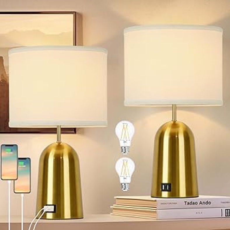 Touch Control Table Lamps Set of 2, 3-Way Dimmable Gold Bedside Lamps