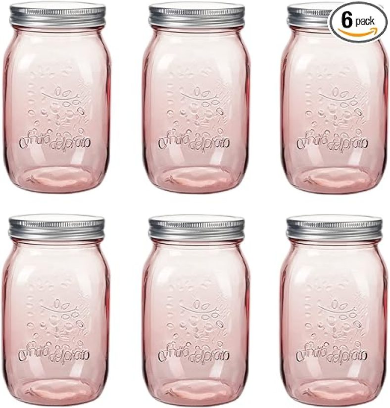 32 oz Rose-Pink Mason Jars with Lids, 6 Pack Wide Mouth Quart Canning Jar