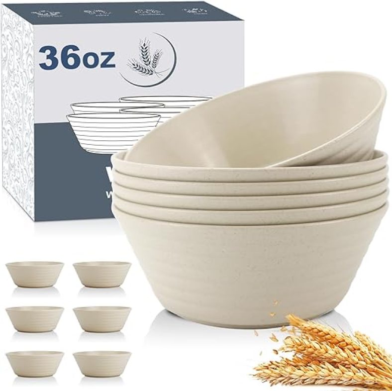 Wheat Straw Bowl Sets,6 PCS Unbreakable Cereal Bowl 36 OZ,Microwave