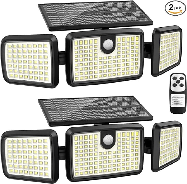 2pk Solar Lights Outdoor, 3 Head Solar Motion Lights with 2500LM 218 LEDs High Brightness