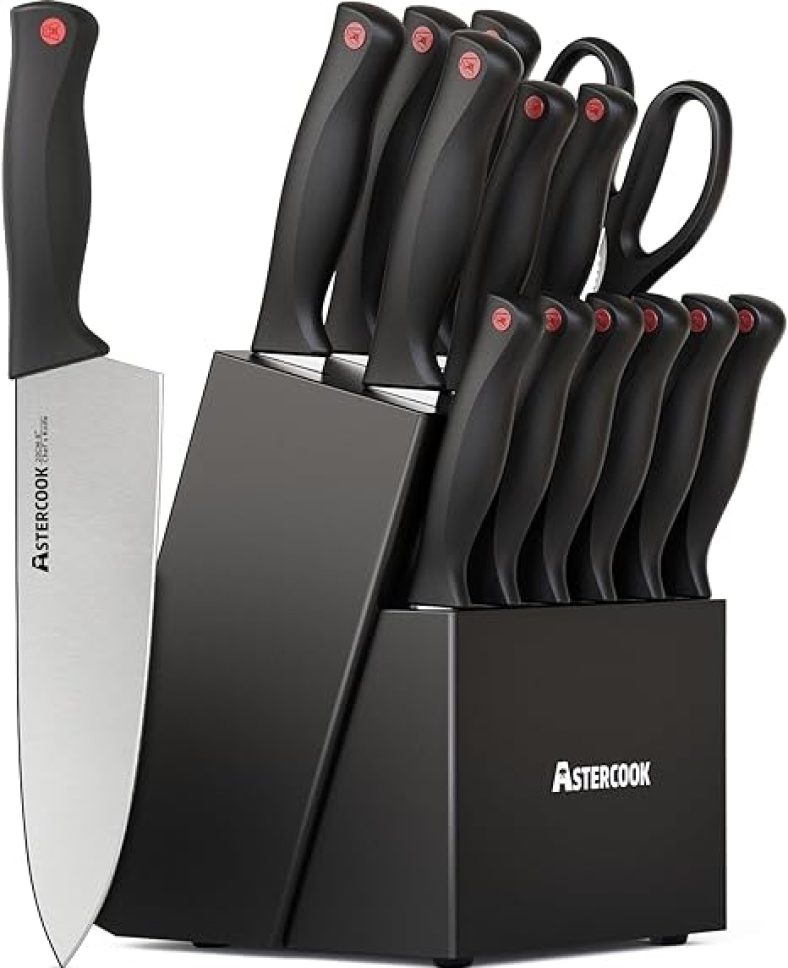 Knife Set, 15 Pieces Kitchen Knife Set with Built in Sharpener Block