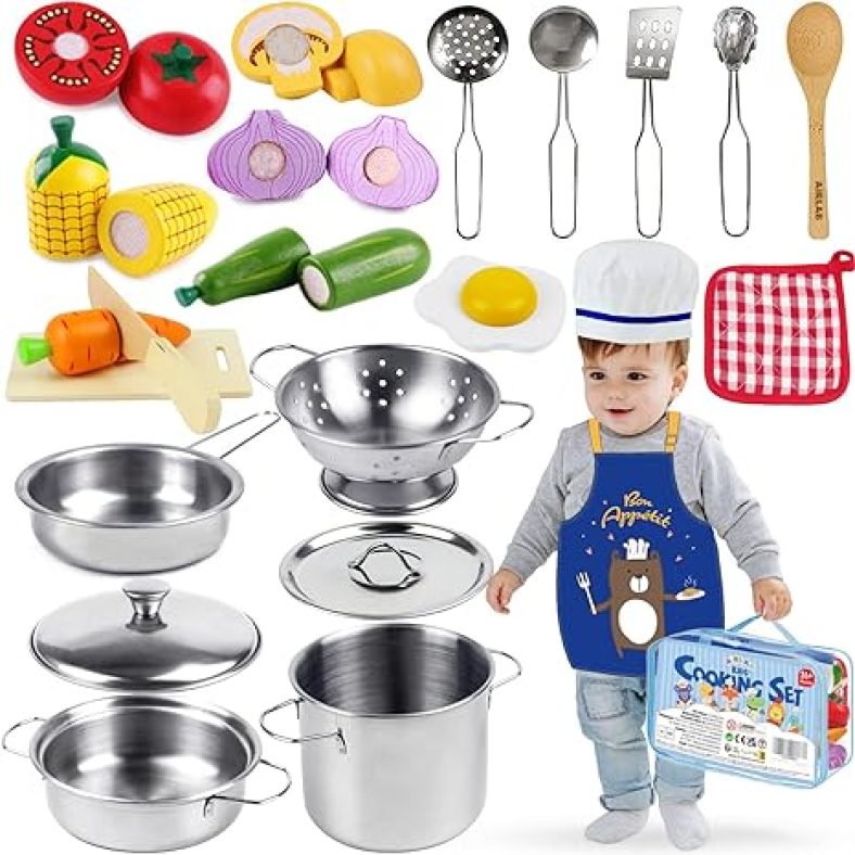 Kids Pots and Pans Playset for Kids Kitchen Toys for Toddlers 1-3 Play Kitchen Accessories