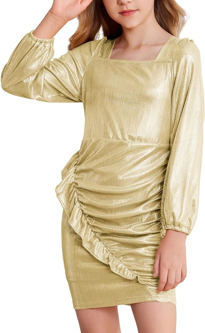 Girls Velvet Dress Square Neck Ruched Bodycorn Party Dresses 6-14Y