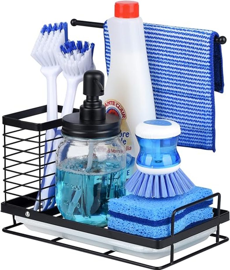 Kitchen Sponge Holder-Kitchen Sink Caddy Organizer with Drain Pan 304 Stainless Steel